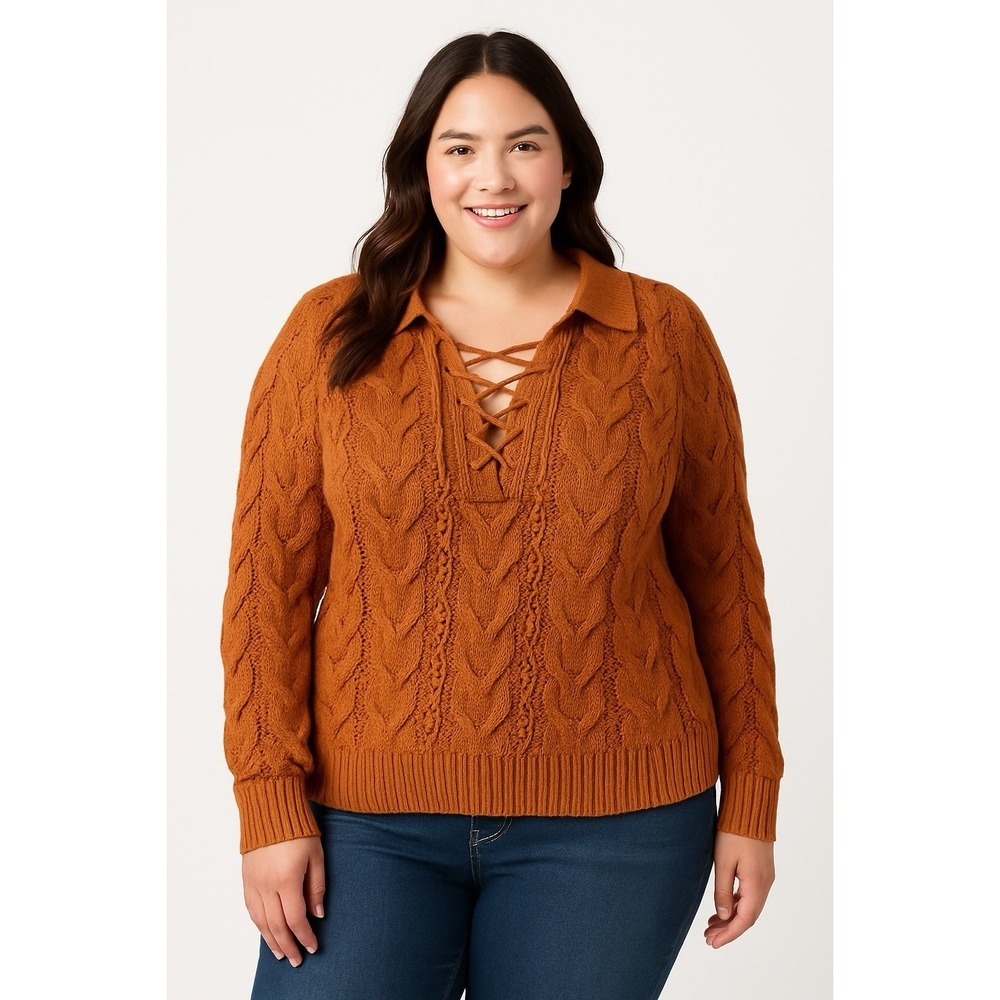 a.n.a XXL Women's Knit Lace-Up Sweater Brown Cotton Blend Long Sleeve Bohemian